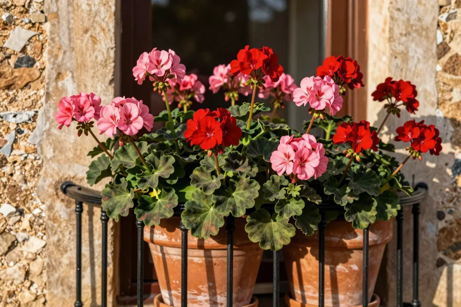 Geranios realistas en flor en balcón español